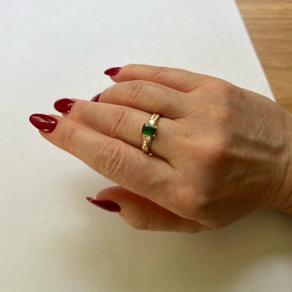 Emerald Cut Green 3-Stone Ring - Size 7, Gold Tone - Picture 3 of 15